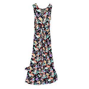 Iman Dress Women 2XT Black Multi Tropical Slits Twist Plunge Vacay Cruise Beachy